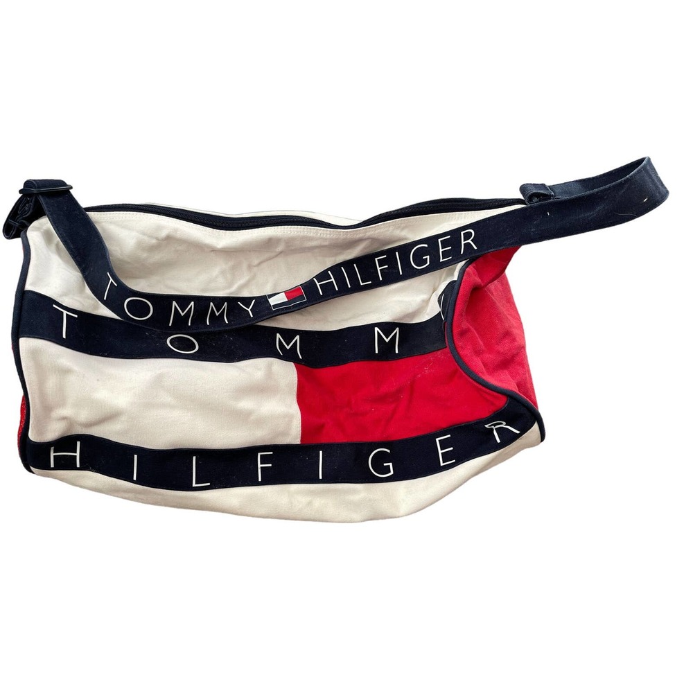Vintage 90s Tommy Hilfiger Flag Spellout Lined Color block Duffle Bag VTG